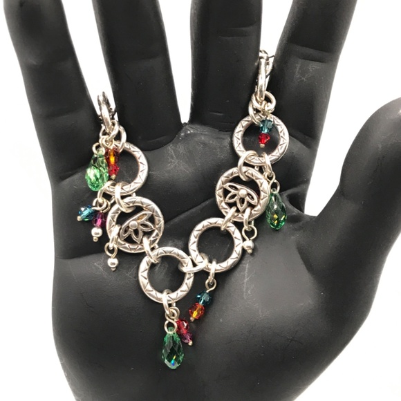 Brighton Link Bracelet Crystal Charms Lotus Flower Multicolor & Silver Plate 7-8 - Picture 1 of 8